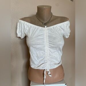 White Off the Shoulder Top with Ruching & Tie Detail